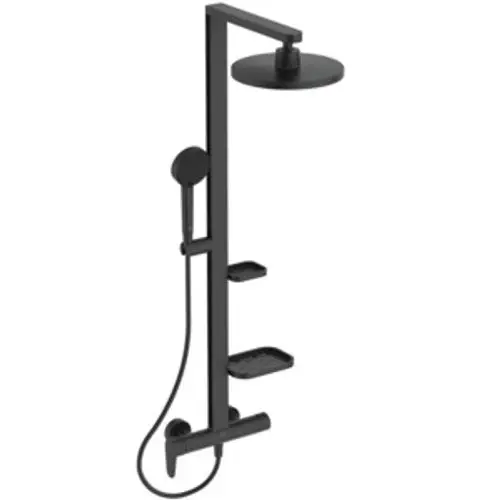 Duschsystem von Ideal Standard mit schwarzem Finish, bestehend aus einem Kopfbrausearm, einer Handbrause und zwei Ablagen.